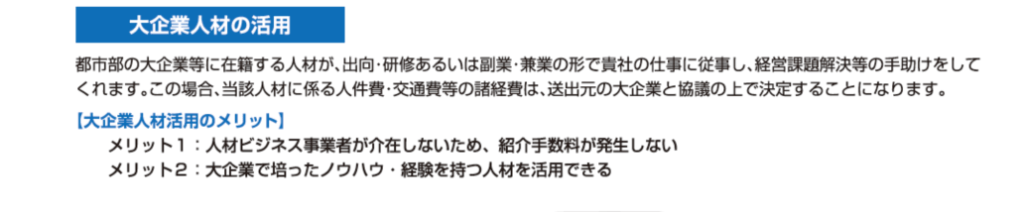 大企業人材の活用：都市s部の大企業等に在籍する人材が、出向・研修あるいは副業・兼業の形で貴社の仕事に従事し、経営課題解決等の手助けをしてくれます。この場合、当該人材に係る人件費・交通費等の諸経費は、送出元の大企業と協議の上で決定することになります。大企業人材活用のメリット：人材ビジネス事業者が介在しないため、紹介手数料が発生しない。大企業で培ったノウハウ・経験を持つ人材を活用できる。