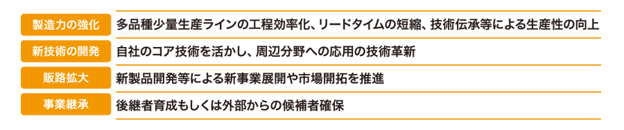 構造化の強化：多品種少量生産ラインの工程効率化、リードタイムの短縮、技術伝承等による生産性の向上。新技術の開発：自社のコア技術を活かし、周辺分野への応用の技術革新。販路拡大：新製品開発等による新事業展開や市場開拓を推進。事業継承：後継者育成もしくは外部からの候補者確保。